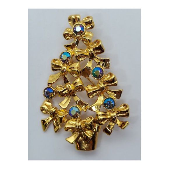 Avon Christmas Tree Pin Blue Aurora Borealis Rhinestones Bows Vintage - Picture 4 of 4